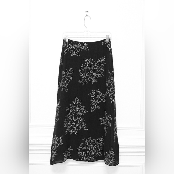 Vintage 90s Silk Floral Slip Skirt Midi Black White Sz 4 Whimsigoth Fairy Grunge - Picture 2 of 8